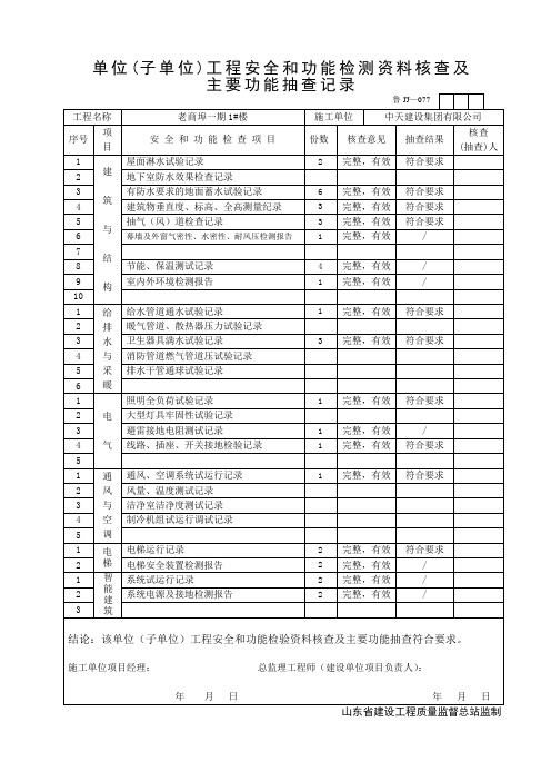 JJ077单位(子单位)工程安全和功能检测资料核查及1(老商埠)