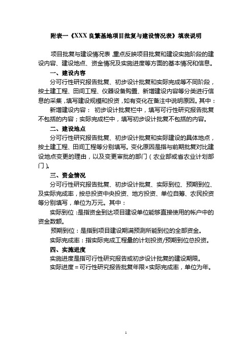 附表一《XXX良繁基地项目批复与建设情况表》填表说明