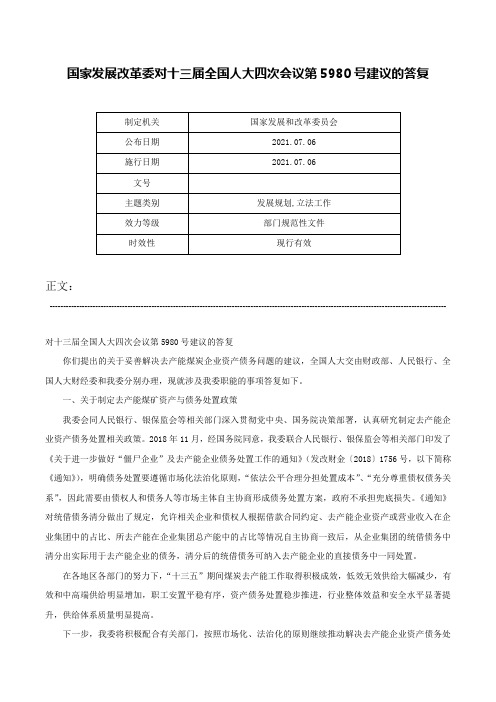 国家发展改革委对十三届全国人大四次会议第5980号建议的答复-