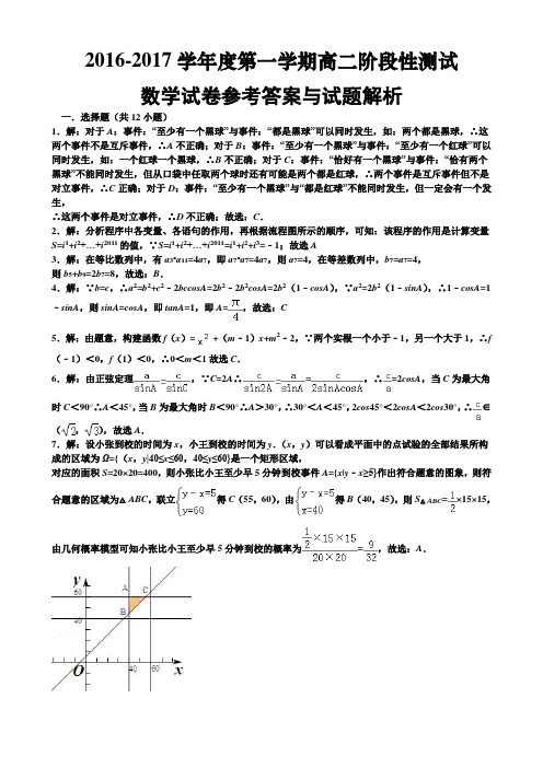 2016-2017学年度第一学期高二阶段性测试数学试卷答案