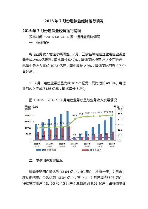 2016年7月份通信业经济运行情况