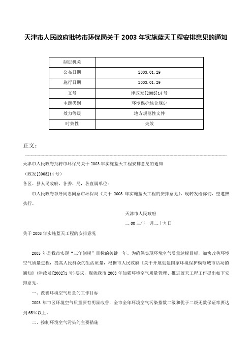 天津市人民政府批转市环保局关于2003年实施蓝天工程安排意见的通知-津政发[2003]14号