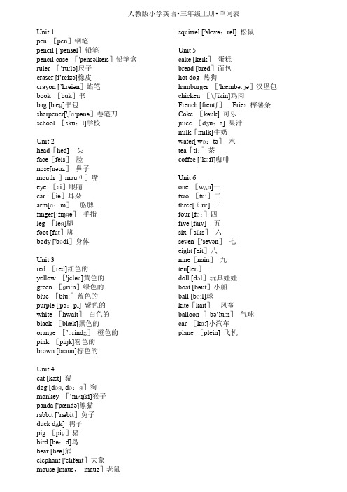 人教版三年级英语上册单词表