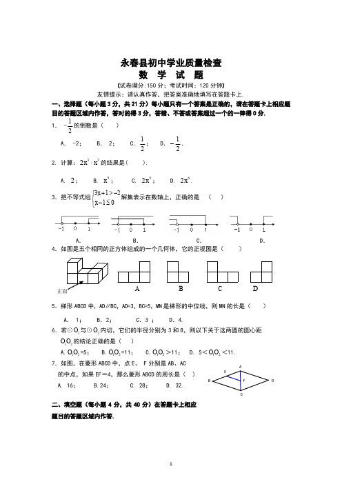 福建省永春县初中学业质量检查数学试卷