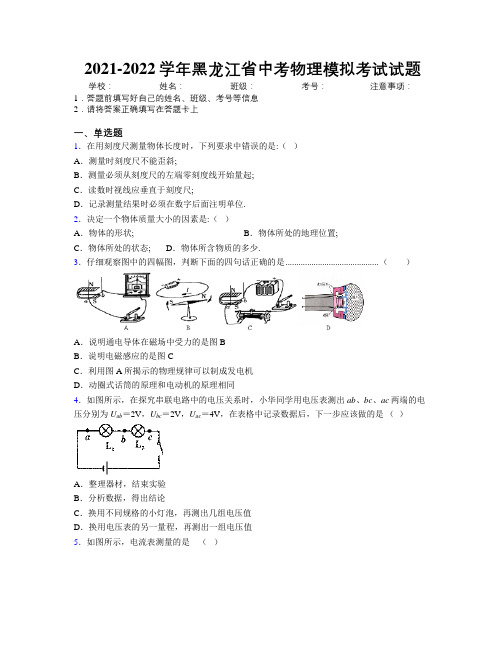 2021-2022学年黑龙江省中考物理模拟考试试题附解析