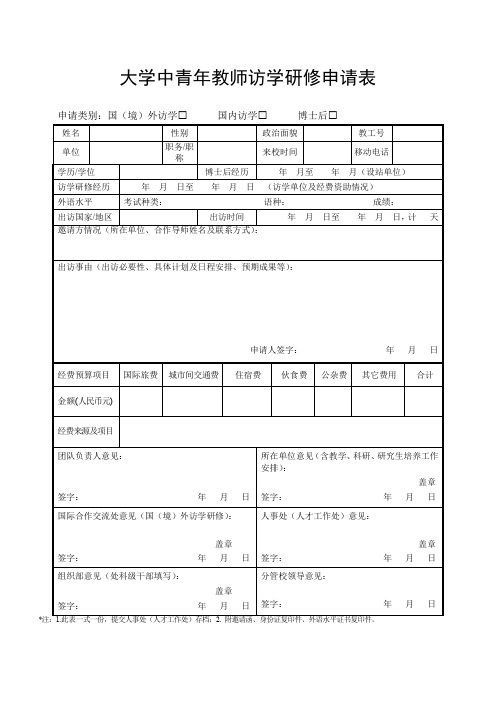 大学中青年教师访学研修申请表