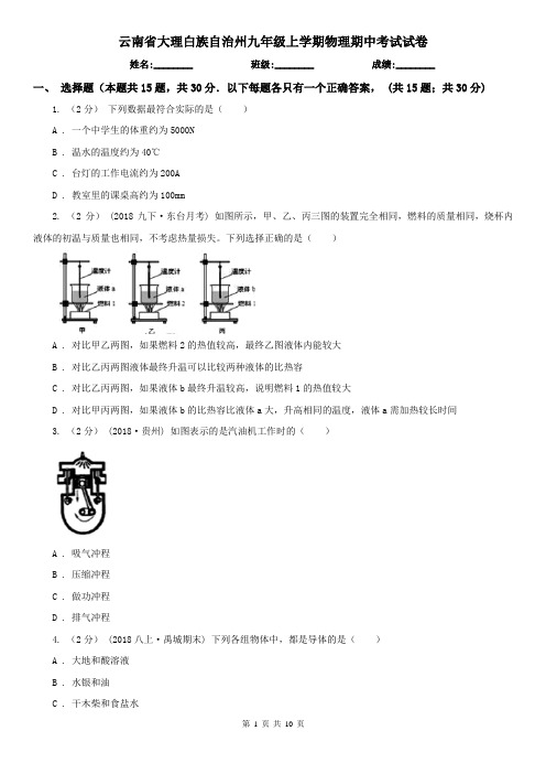 云南省大理白族自治州九年级上学期物理期中考试试卷