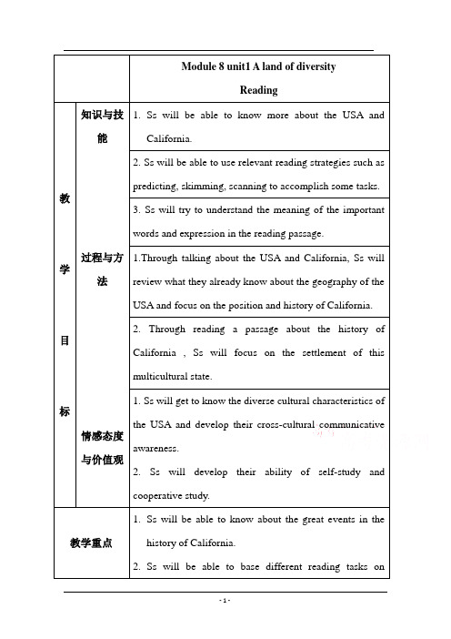 Module8 Unit 1A land of diversity reading优秀教学设计