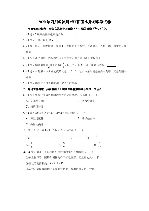 2020年四川省泸州市江阳区小升初数学试卷(含答案)