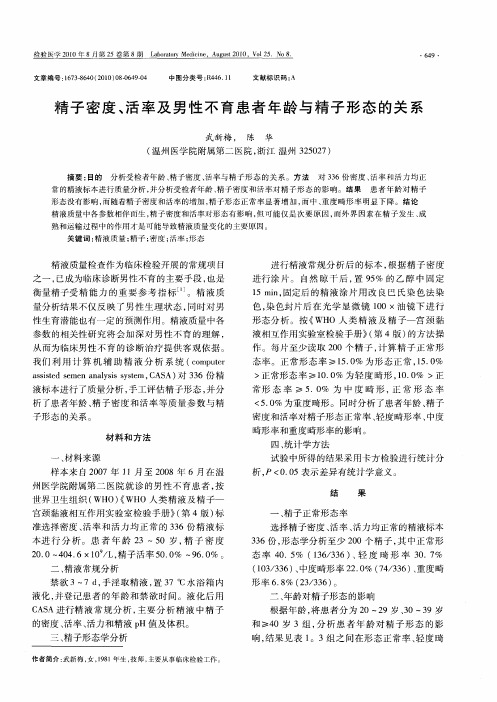 精子密度、活率及男性不育患者年龄与精子形态的关系