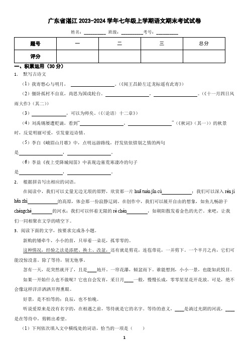 广东省湛江2023-2024学年七年级上学期语文期末试卷(含答案)