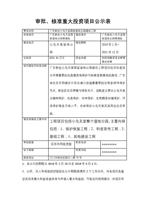 审批、核准重大投资项目公示表【模板】