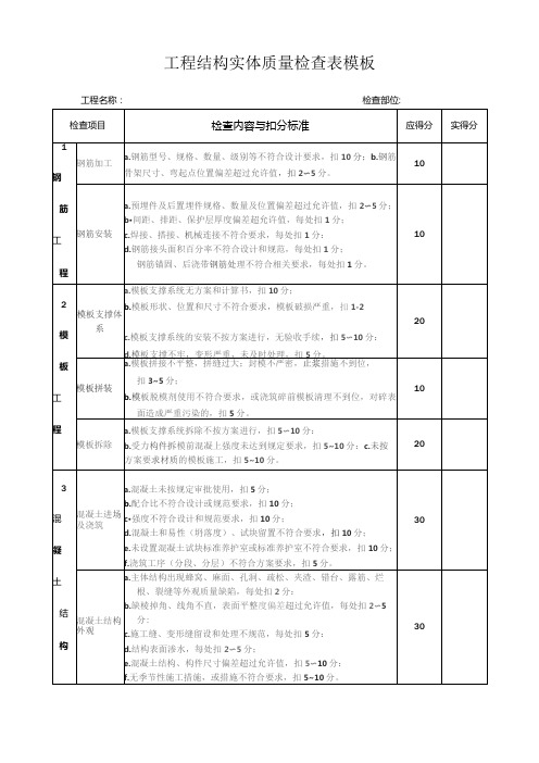 工程结构实体质量检查表模板