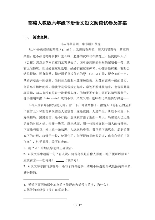 部编人教版六年级下册语文短文阅读试卷及答案