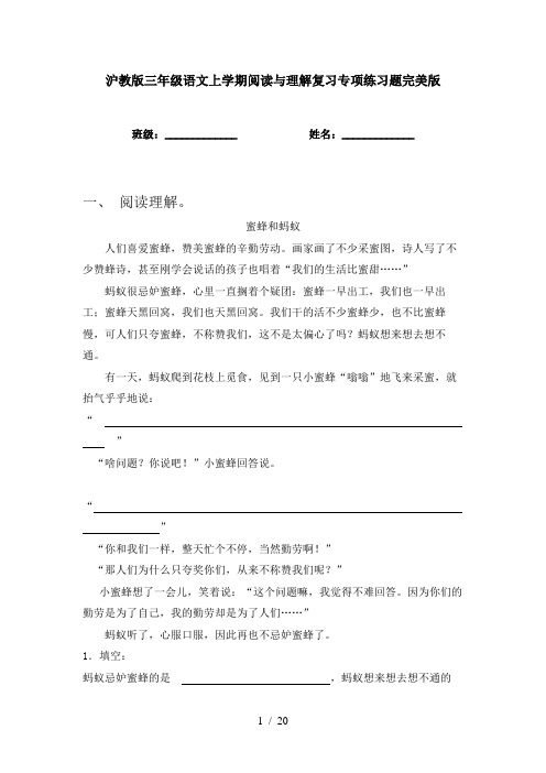 沪教版三年级语文上学期阅读与理解复习专项练习题完美版