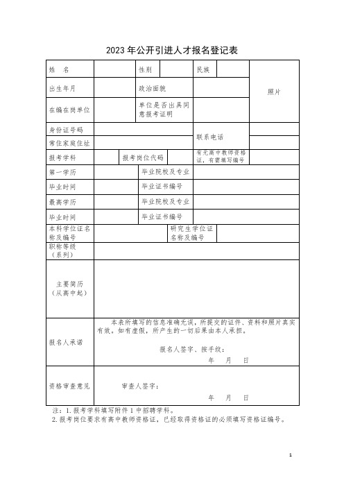 公开引进人才报名登记表