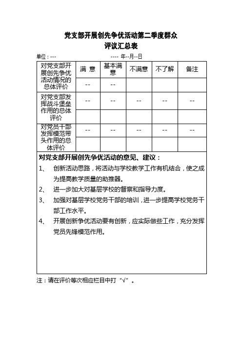 创先争优活动群众评议表汇总表