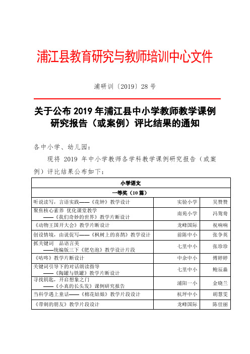 关于公布2019年浦江县中小学教师教学课例研究报告(或案例)评比结果的通知.doc