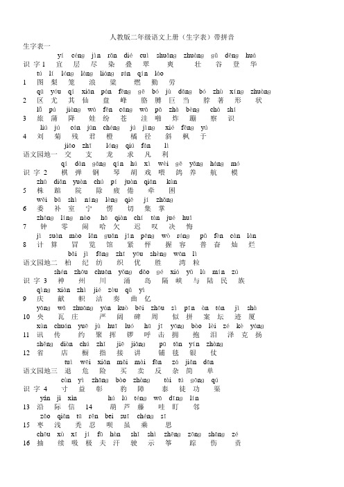 人教版二年级语文上册(生字表)带拼音