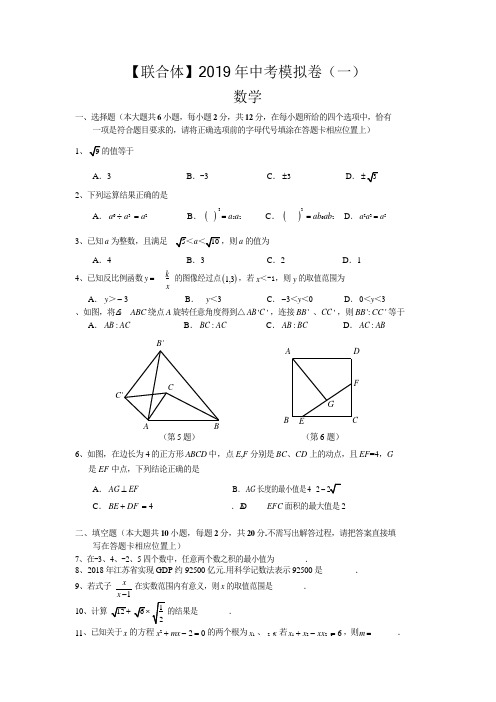 联合体数学2019年南京联合体一模数学试卷与答案