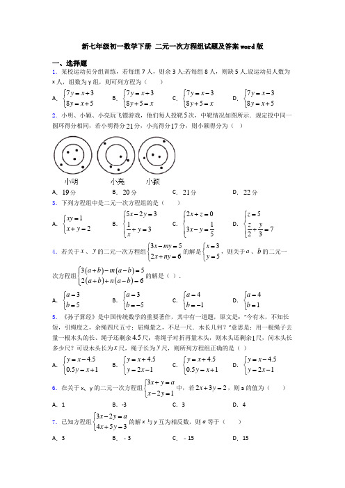 新七年级初一数学下册 二元一次方程组试题及答案word版