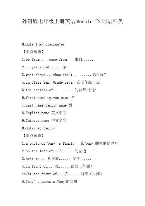 外研版七年级上册英语Module1~2词语归类