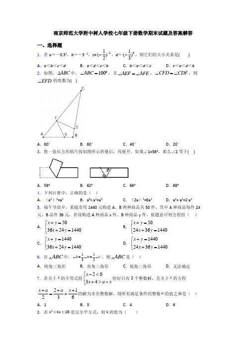 南京师范大学附中树人学校七年级下册数学期末试题及答案解答