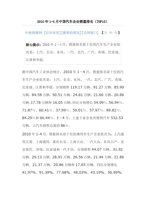 2010年1-4月中国汽车企业销量排名(TOP10)