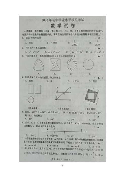 江苏省泗阳县2020年初中学业水平模拟考试数学卷(图片版)