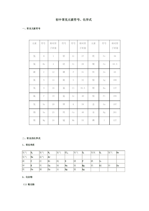 初中常见元素符号及相对分子质量