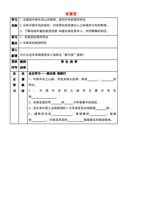 宁夏中卫市七年级地理下册第七章第二节东南亚导学案2(无答案)新人教版