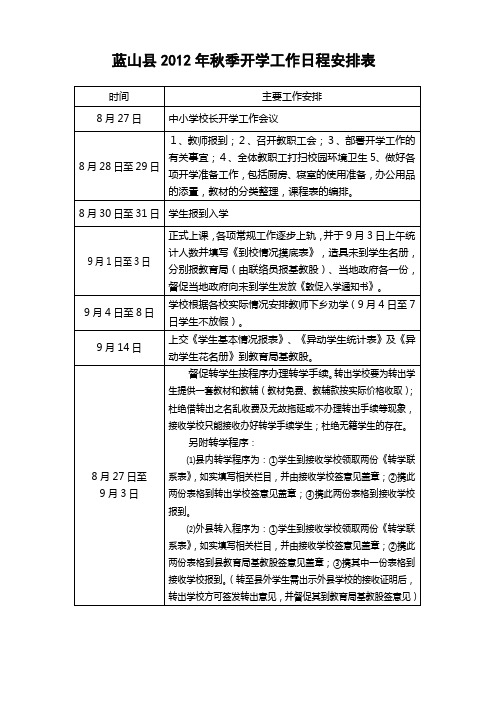 2012年秋季开学工作相关事项及日程安排表