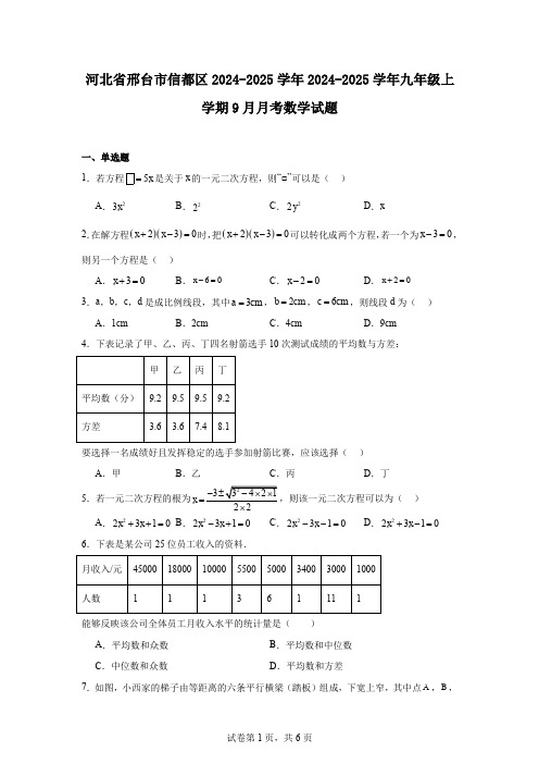 河北省邢台市信都区2024-2025学年2024-2025学年九年级上学期9月月考数学试题