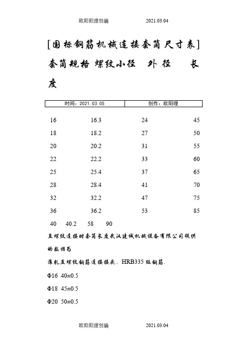 国标钢筋机械连接套筒尺寸表之欧阳理创编