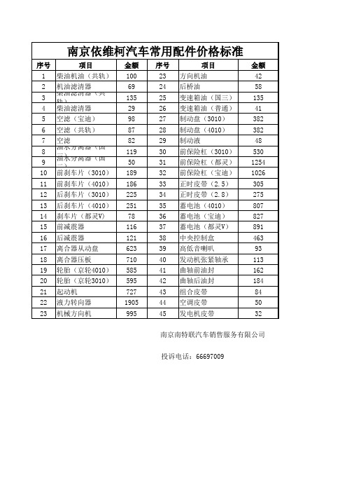 依维柯常用配件价格工时