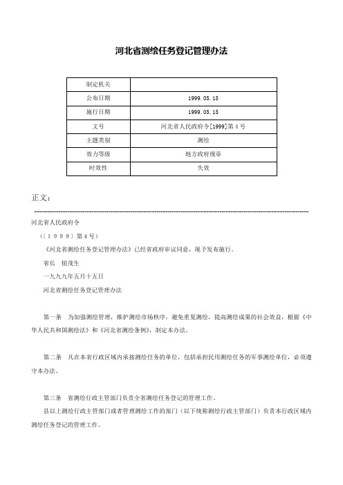 河北省测绘任务登记管理办法-河北省人民政府令[1999]第4号