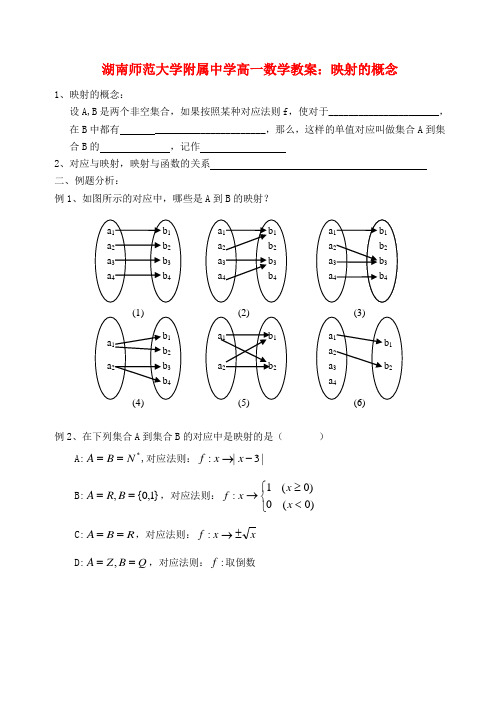 湖南师范大学附属中学高一数学 映射的概念教案