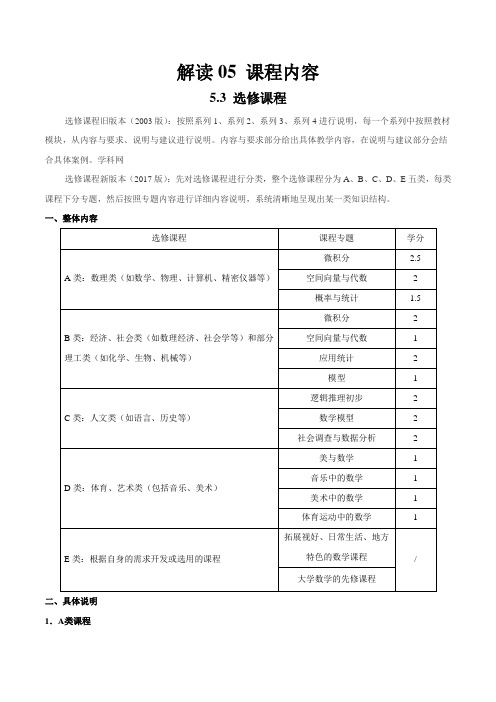 解读5.3 选修课程——2017年版《普通高中课程标准》数学解读