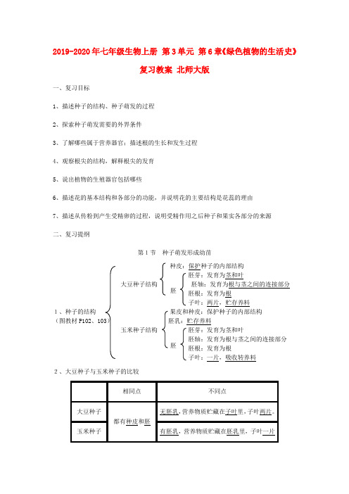 2019-2020年七年级生物上册 第3单元 第6章《绿色植物的生活史》复习教案 北师大版