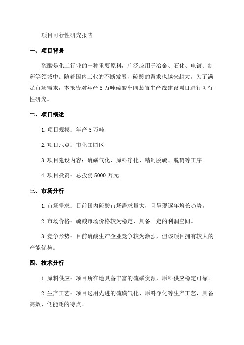 年产5万吨硫酸车间装置生产线建设项目可行研究报告