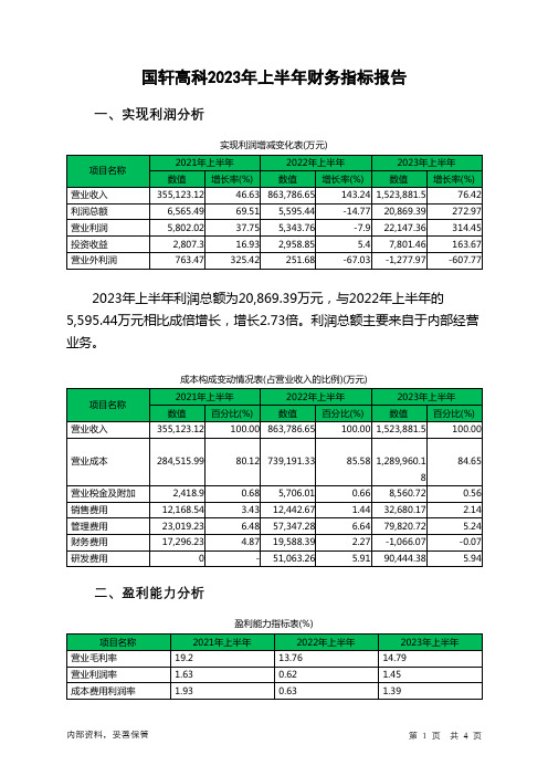 002074国轩高科2023年上半年财务指标报告