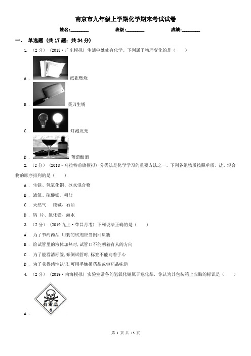 南京市九年级上学期化学期末考试试卷