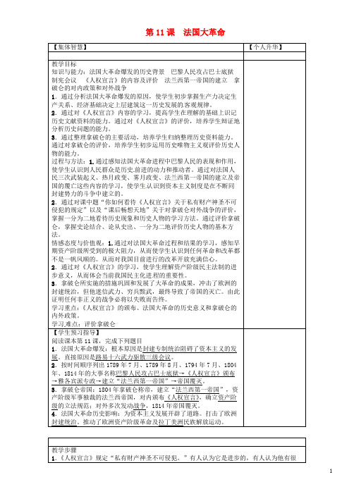 九年级历史上册 第二单元 欧美主要国家的社会巨变 第11课 法国大革命导学案 岳麓版