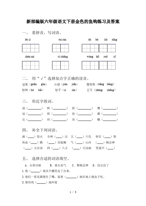 新部编版六年级语文下册金色的鱼钩练习及答案