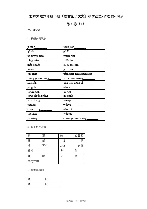 北师大版六年级下册《我看见了大海》小学语文-有答案- 同步练习卷(1)