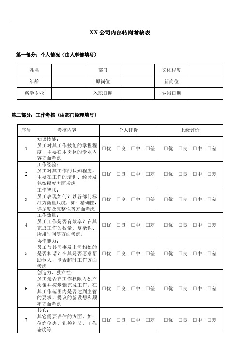 内部转岗考核表