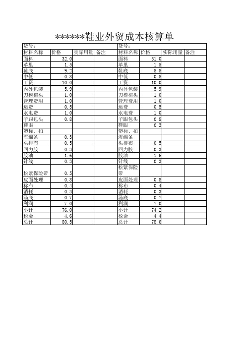 鞋厂外贸成本核算单