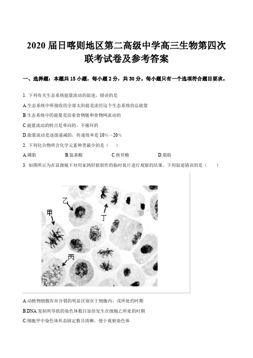 2020届日喀则地区第二高级中学高三生物第四次联考试卷及参考答案