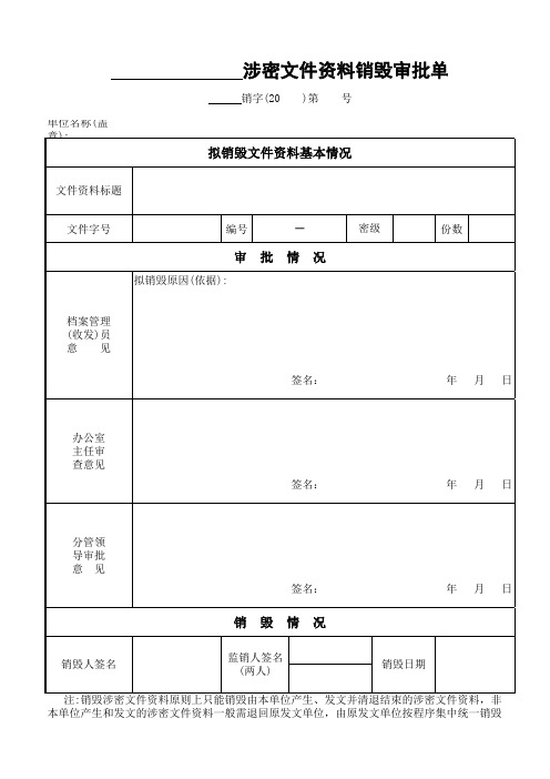 涉密文件资料销毁审批单