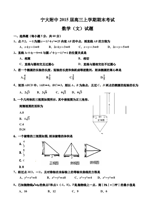 宁夏银川市宁大附中2015届高三上学期期末考试数学(文)试题及答案